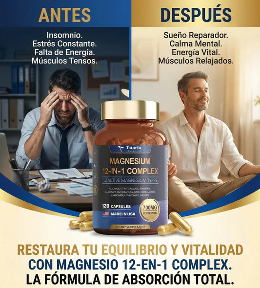MAGNESIUM 12 EN 1 COMPLEX: La Única Fórmula con 12 Formas de Magnesio en Una Sola Cápsula.