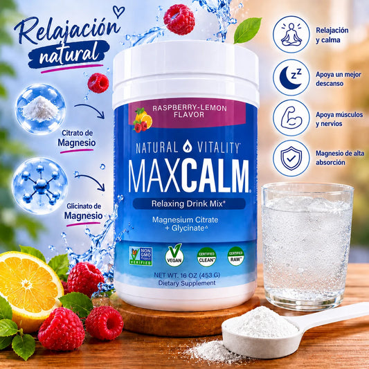 MAX CALM® Bebida Relajante de Magnesio Calma, descanso y bienestar en cada vaso, sabor frambuesa - limon